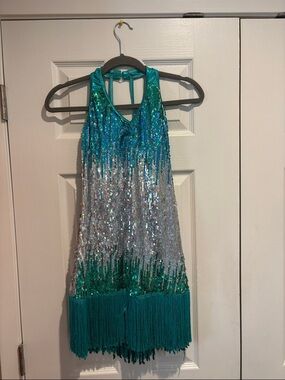 Weissman Costumes Teal & Silver Sequin Fringe Halter Dance Dress - Size SA (4-6)